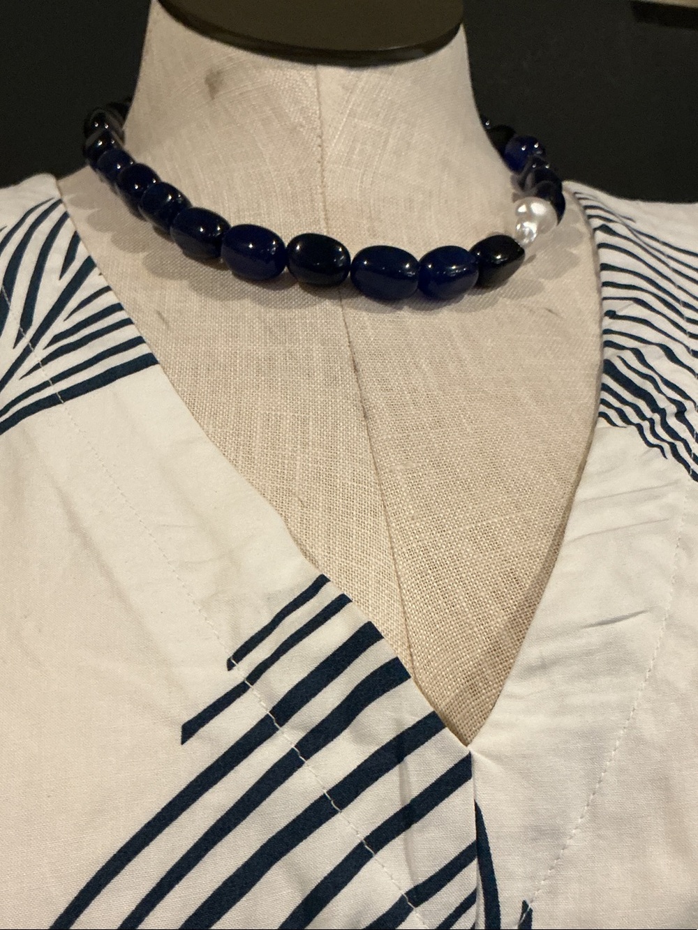 Navy and black Bead Necklace with Single Pearl Accent - for women